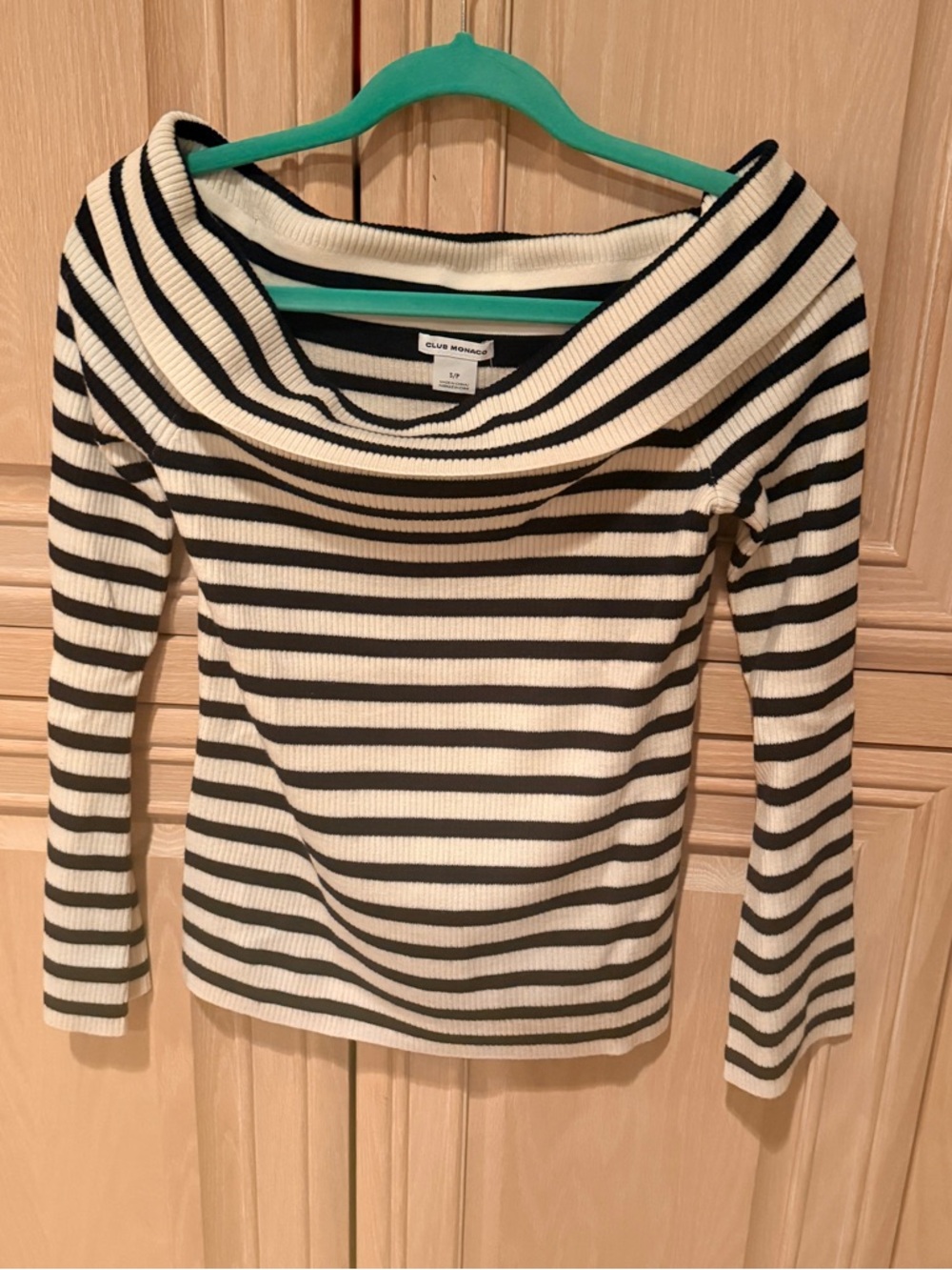 Club Monaco Black and White Striped Off-the-Shoulder Sweater